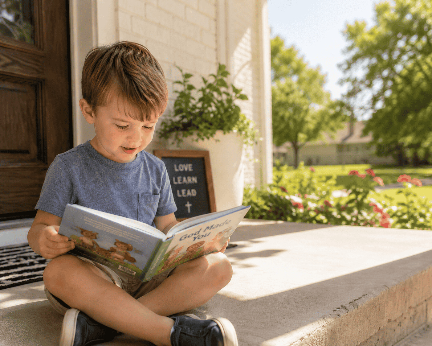 A young child sitting on the porch reading a picture book during a North Texas summer afternoon