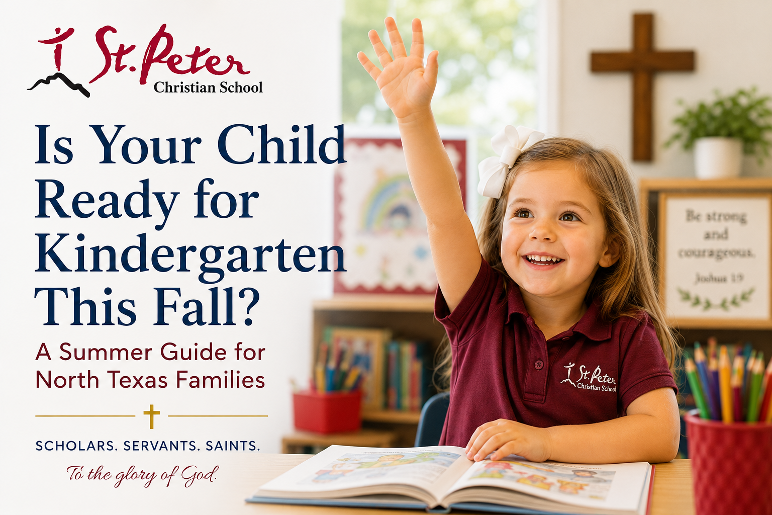 Young child raising her hand in a faith based kindergarten classroom in Northlake, Texas